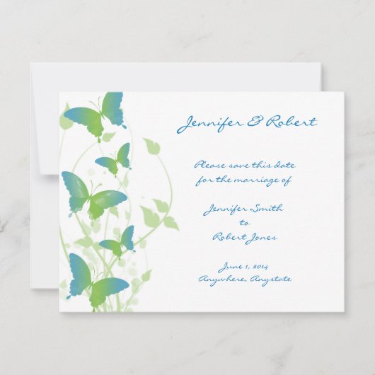 Blauwe en Groene Vlinder Wijnstok Save the Date (Voorkant)