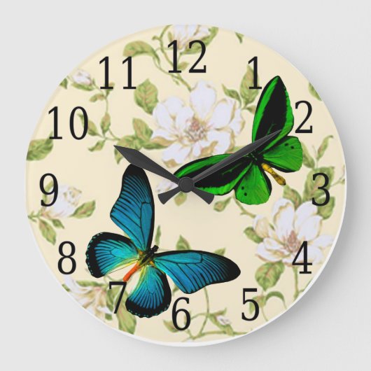 Blauwe en groene vlinders op Dogwood Flowers Clock Grote Klok (Voorkant)