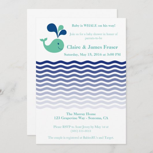 Blauwe en groene walvis Baby shower Kaart (Voorkant / Achterkant)