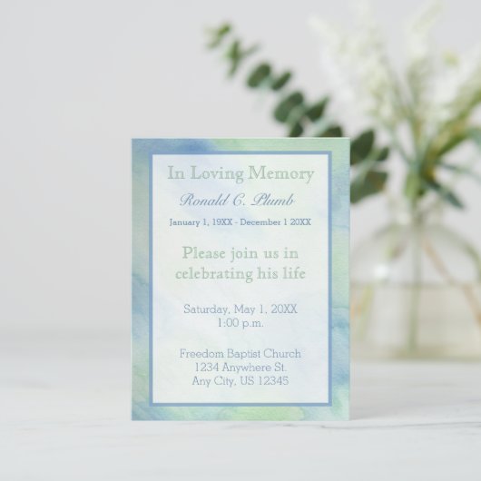 Blauwe en groene Waterverf begrafenis | Herdenking Kaart (Staand voorkant)