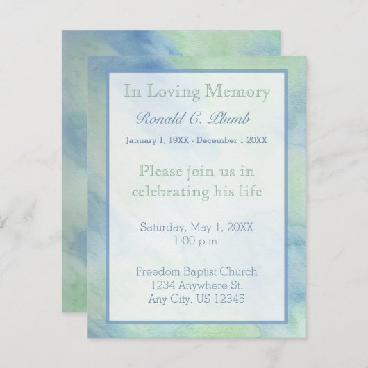 Blauwe en groene Waterverf begrafenis | Herdenking Kaart (Voorkant / Achterkant)