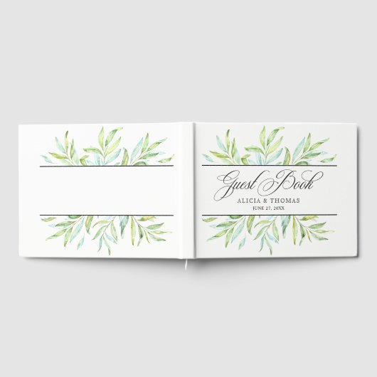 Blauwe en groene Waterverf bladeren Gastenboek (Volledig)