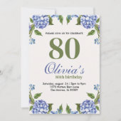 Blauwe en groene Waterverf Hydrangea 80e verjaarda Kaart (Voorkant)