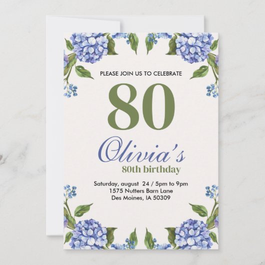Blauwe en groene Waterverf Hydrangea 80e verjaarda Kaart (Voorkant)