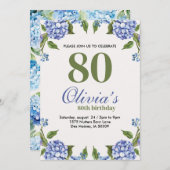Blauwe en groene Waterverf Hydrangea 80e verjaarda Kaart (Voorkant / Achterkant)