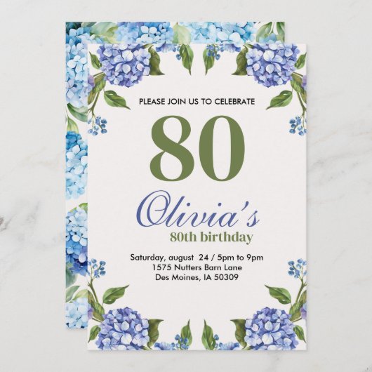 Blauwe en groene Waterverf Hydrangea 80e verjaarda Kaart (Voorkant / Achterkant)