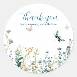 Blauwe en groene wilde bloemen dank u ronde sticker