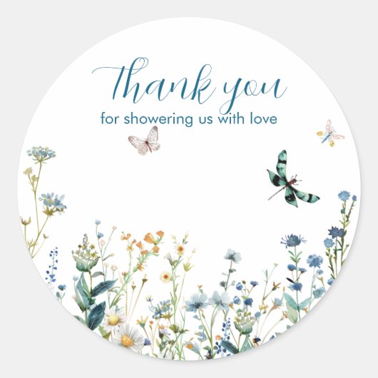 Blauwe en groene wilde bloemen dank u ronde sticker (Voorkant)