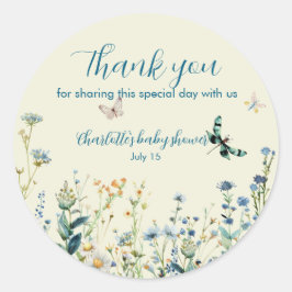 Blauwe en groene wilde bloemen dank u ronde sticker