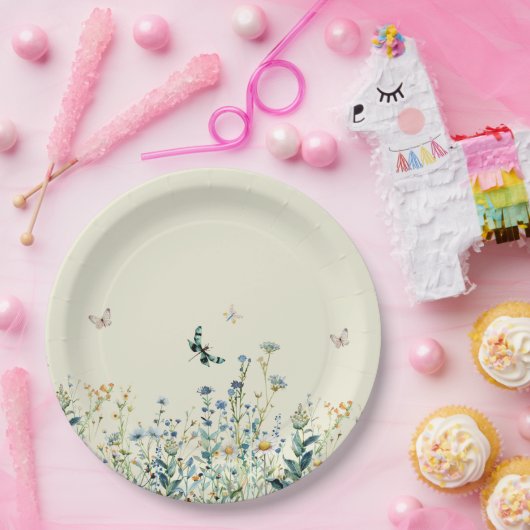 Blauwe en groene wilde bloemen papieren bordje (Feest)