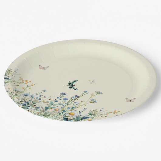 Blauwe en groene wilde bloemen papieren bordje (Gekanteld)