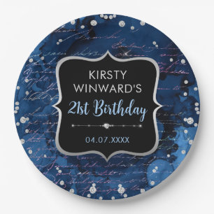 Blauwe en iriserende glitter letters verjaardag papieren bordje