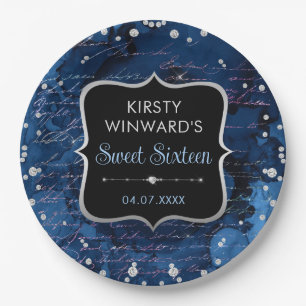 Blauwe en iriserende glitterletters Sweet 16 Papieren Bordje