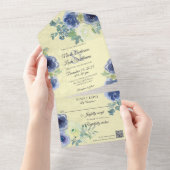 Blauwe en Ivoorkleurige Rozen op Bleek Geel met QR All In One Uitnodiging (Afscheurbaar)