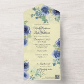 Blauwe en Ivoorkleurige Rozen op Bleek Geel met QR All In One Uitnodiging (Binnen)