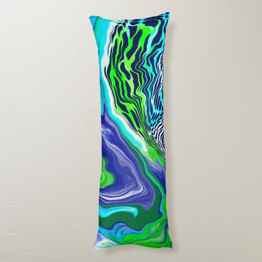 Blauwe en kalkgroene Abstracte Fluid Art Lichaamskussen (Achterkant (Verticaal))