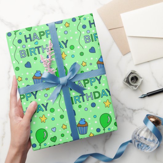 Blauwe en kalkgroene jongen's Happy Birthday Cadeaupapier (Geschenken)