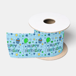 Blauwe en kalkgroene jongen's Happy Birthday Satijnen Lint