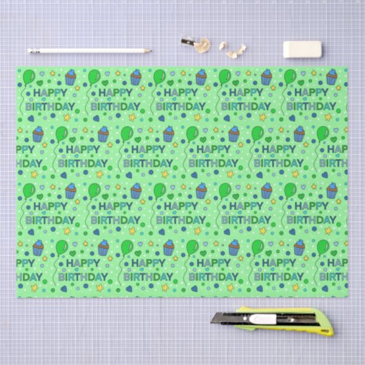 Blauwe en kalkgroene jongen's Happy Birthday Tissuepapier (Craft)