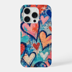 Blauwe en koraal graffiti harten met verf druppels iPhone 15 pro case