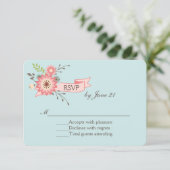 blauwe en koraalbloemige RSVP-Kaart RSVP Kaartje (Staand voorkant)