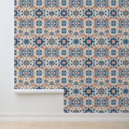 Blauwe en koraalbloemmedley behang