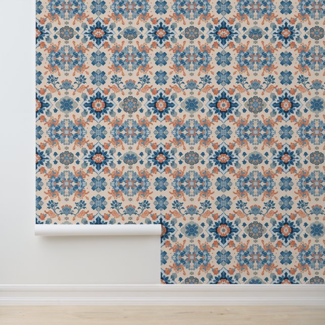 Blauwe en koraalbloemmedley behang (Applicatie)