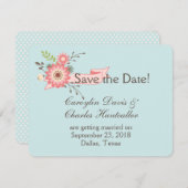 Blauwe en koraalrode bloemige trouwkaart 'Save the Kaart (Voorkant / Achterkant)