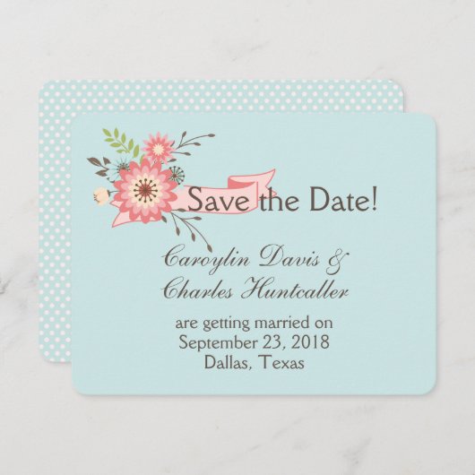 Blauwe en koraalrode bloemige trouwkaart 'Save the Kaart (Voorkant / Achterkant)
