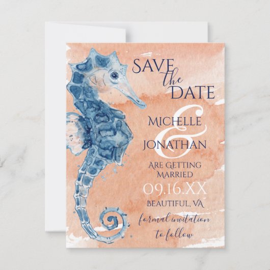Blauwe en koraalse Waterverf Seahorse Beach bruilo Save The Date (Voorkant)