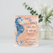 Blauwe en koraalse Waterverf Seahorse Beach bruilo Save The Date (Staand voorkant)