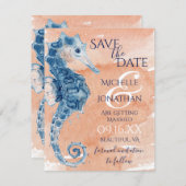 Blauwe en koraalse Waterverf Seahorse Beach bruilo Save The Date (Voorkant / Achterkant)