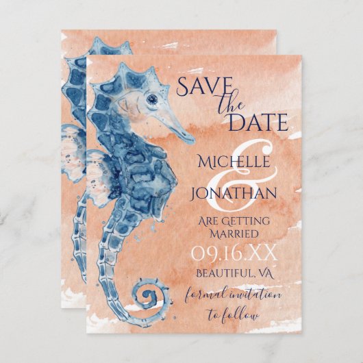 Blauwe en koraalse Waterverf Seahorse Beach bruilo Save The Date (Voorkant / Achterkant)