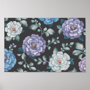Blauwe en lavendelbloemen met Bleke groene bladere Poster