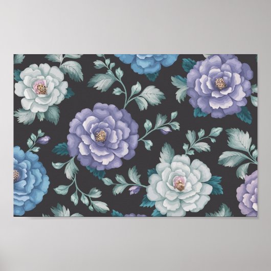Blauwe en lavendelbloemen met Bleke groene bladere Poster (Voorkant)