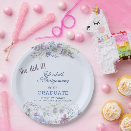 Blauwe en lavender Floral Graduation Party Papieren Bordje (Feest)