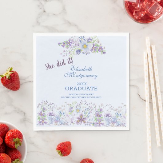 Blauwe en lavender Floral Graduation Party Servet (Insitu)