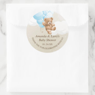 Blauwe en lichtbruine teddybeer met ballonnen ronde sticker