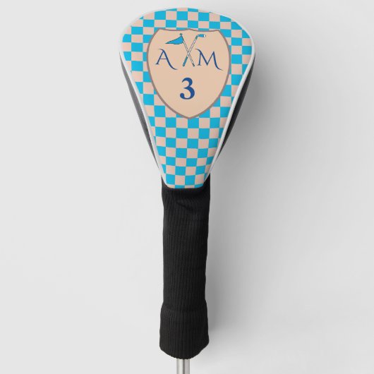 Blauwe en lichte beige controles met Initialen, Aa Golfheadcover (Voorkant)
