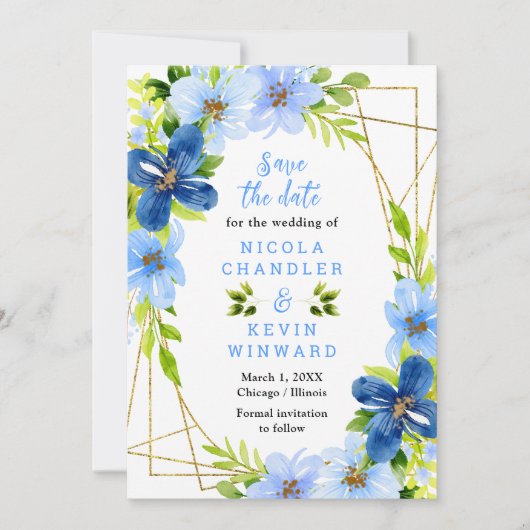 Blauwe en marine bloemen met gebladerte bruiloft save the date (Voorkant)