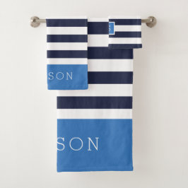 Blauwe en marine strepen monogram bad handdoek