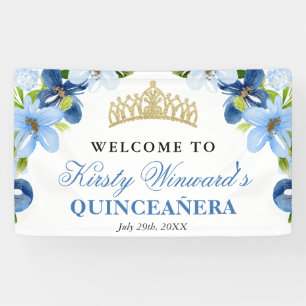Blauwe en marinebloemen begrroeten Quinceanera Spandoek