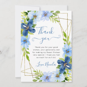 Blauwe en marinebloemen Gouden lijst Sweet 16 Bedankkaart