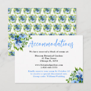 Blauwe en marinebloemen met bladgroen informatiekaartje