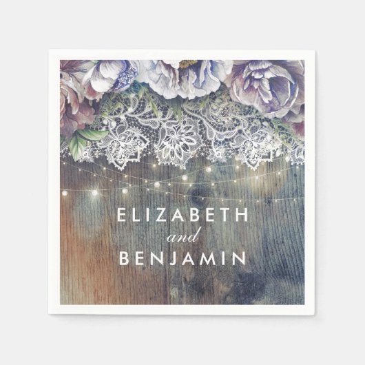 Blauwe en Maroon Bloemen Rustieke kant bruiloft Servet (Voorkant)