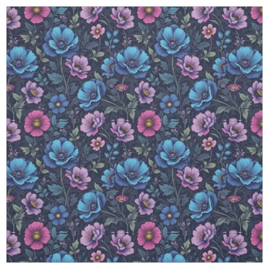 Blauwe en mauve bloemen stof (Swatch)