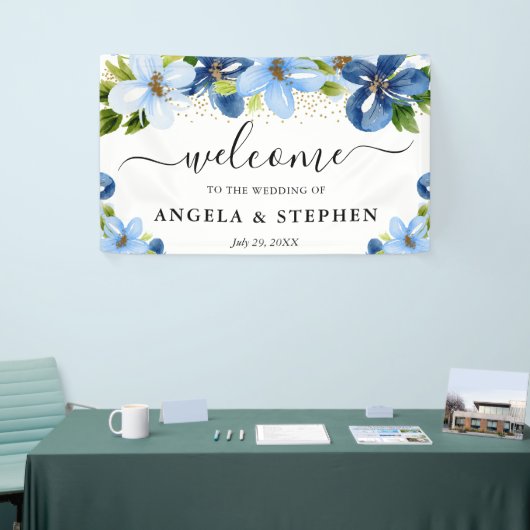 Blauwe en Navy Bloemen Bruiloft Welkom Spandoek (Beurs)