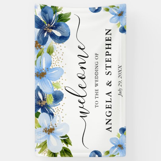 Blauwe en Navy Bloemen Bruiloft Welkom Spandoek (Verticaal)