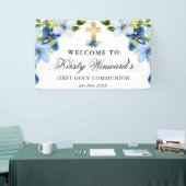 Blauwe en Navy Bloemen Eerste Heilige Communie Spandoek (Beurs)