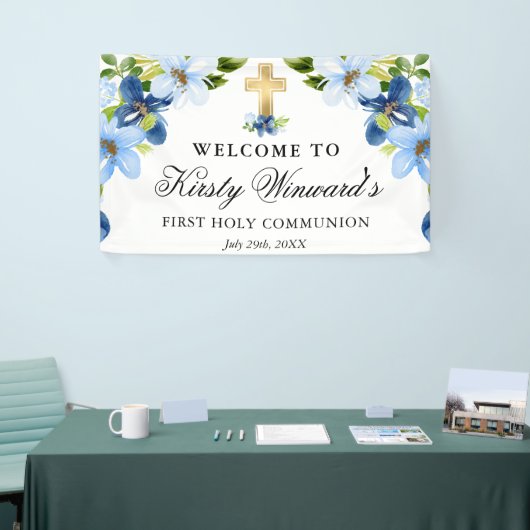 Blauwe en Navy Bloemen Eerste Heilige Communie Spandoek (Beurs)